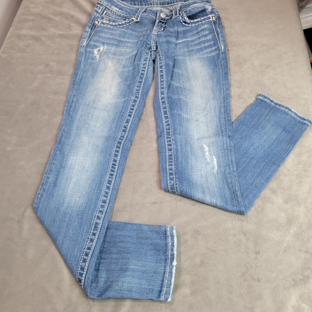 Miss Me Skinny Jeans JP5109SK-2 Blue Fleur De Lis Embellished Low Rise Womens 25 - Picture 3 of 11